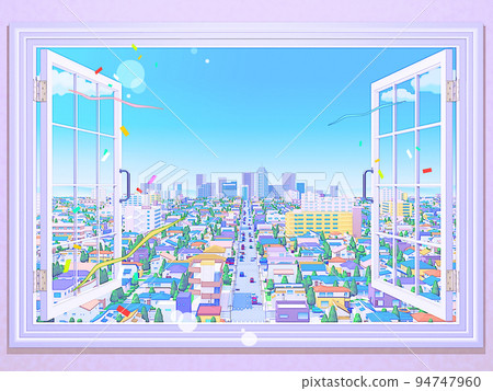 Window, residential area, pastel color, cityscape, background, CG 94747960
