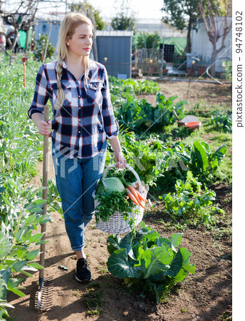 Young woman professional gardener holding basket with harvest 94748102