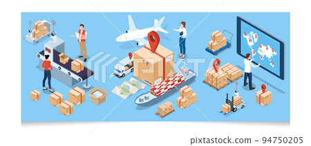 3D isometric Global logistics network concept with Transportation operation service, Export, Import, Cargo, Air, Road, Maritime delivery. Vector illustration EPS 10 94750205
