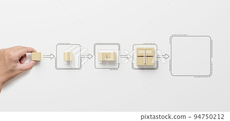 Hand holding wooden cube block arranging processing management on white background Hand holding wooden cube block arranging processing management on white background 94750212