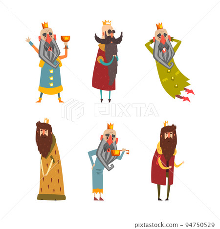 Set of funny bearded kings in golden crowns. Monarchy, kingdom concept cartoon vector illustration 94750529