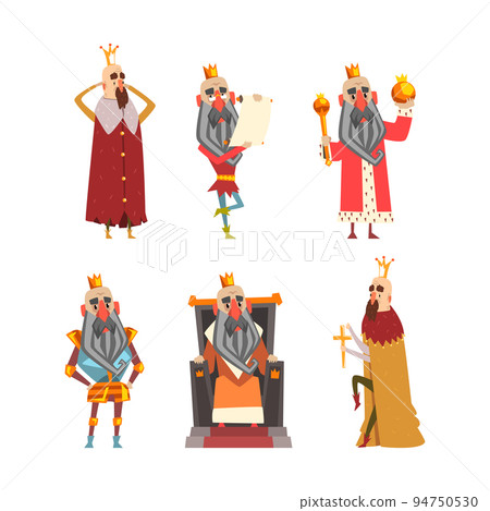 Set of funny bearded kings with attributes of power. Monarchy, kingdom concept cartoon vector illustration 94750530