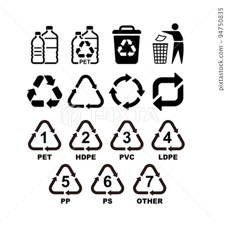 Recycling type of plastic waste / Recycling related mark illustration set 94750835