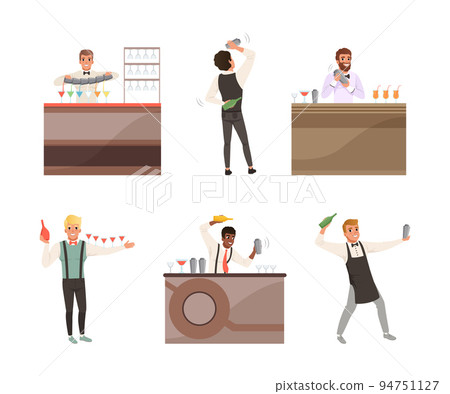 Professional bartenders mixing and preparing alcoholic cocktails at bar counter set cartoon vector illustration Professional bartenders mixing and preparing alcoholic cocktails at bar counter set cartoon vector illustration 94751127