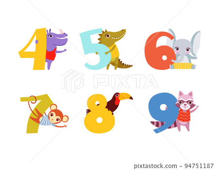 Numbers and cute animals set. Birthday anniversary numbers with hippo, crocodile, elephant, monkey, toucan, raccoon cartoon vector illustration 94751187