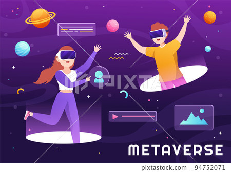 Metaverse Digital Virtual Reality Technology wears VR Glasses for Future Innovation and Communication in Hand Drawn Flat Cartoon Illustration 94752071