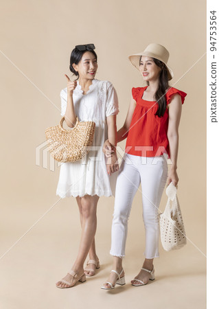 summer vacation trip with friends concept series_korean beautiful asian young women walking summer vacation trip with friends concept series_korean beautiful asian young women walking 94753564