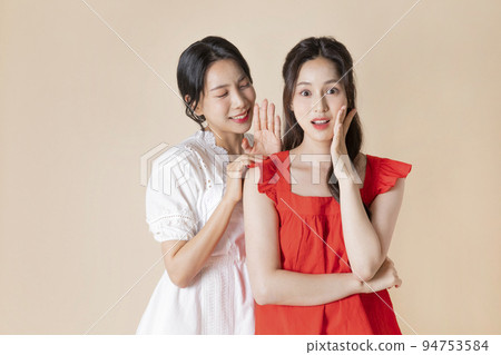 summer vacation trip with friends concept series_korean beautiful asian young women whispering summer vacation trip with friends concept series_korean beautiful asian young women whispering 94753584