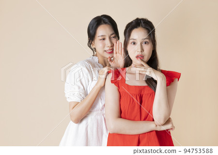 summer vacation trip with friends concept series_korean beautiful asian young women whispering summer vacation trip with friends concept series_korean beautiful asian young women whispering 94753588