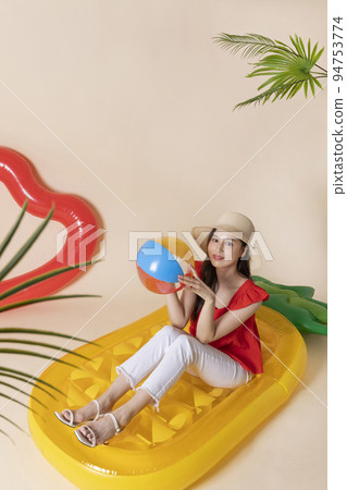 summer vacation trip with friends concept series_korean beautiful asian young women sitting on pool floats summer vacation trip with friends concept series_korean beautiful asian young women sitting on pool floats 94753774