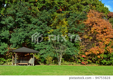 Autumn leaves and pavilion of Hiraoka Park playground equipment square in Sapporo Hiraoka Park East District. Autumn leaves and pavilion of Hiraoka Park playground equipment square in Sapporo Hiraoka Park East District. 94753828