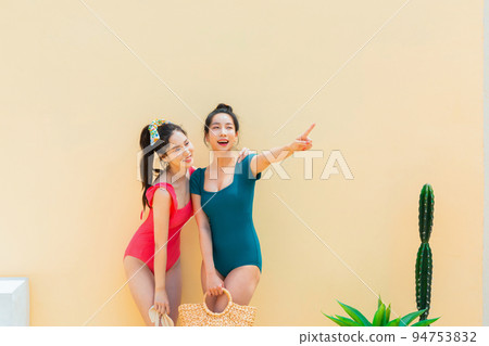 summer vacation trip with friends concept series_korean beautiful asian young women smiling in monokini swimsuits summer vacation trip with friends concept series_korean beautiful asian young women smiling in monokini swimsuits 94753832