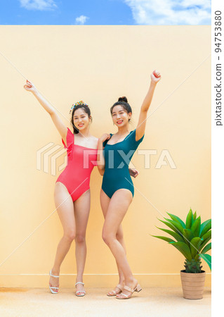 summer vacation trip with friends concept series_korean beautiful asian young women smiling in monokini swimsuits summer vacation trip with friends concept series_korean beautiful asian young women smiling in monokini swimsuits 94753880
