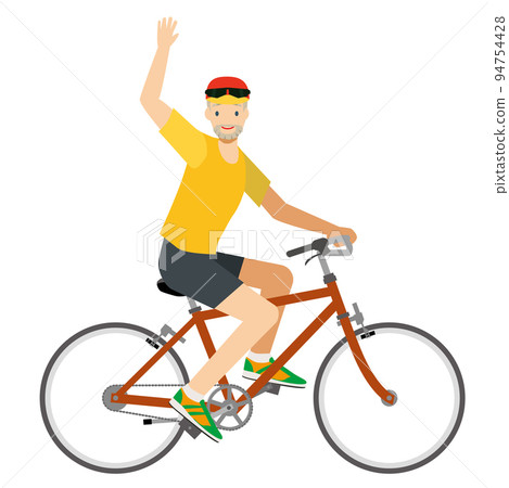 一個微笑的 8 歲高加索老人騎自行車揮手的插圖 自行車通勤 健康促進生態學 94754428