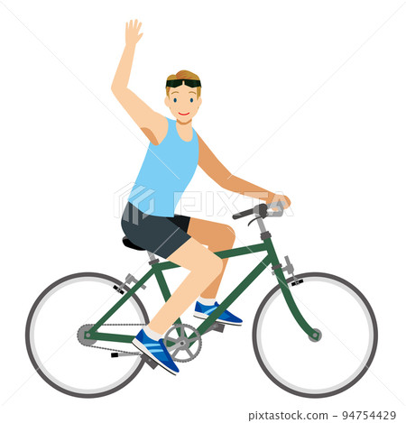一個微笑的 8 歲高加索人騎自行車揮手的插圖 自行車通勤 健康促進生態學 94754429
