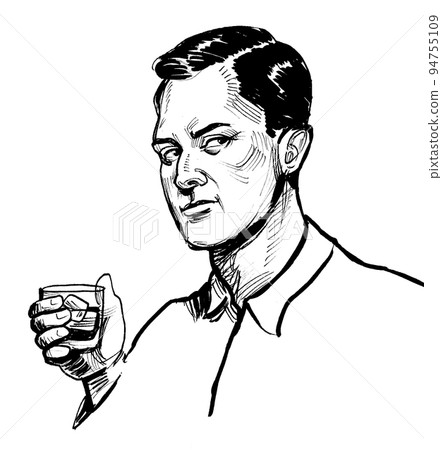 Man drinking a glass of whiskey. Ink black and white drawing 94755109