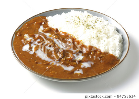 Hayashi rice with waves of sauce shot against a white background 94755634