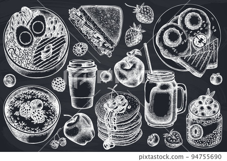 Breakfast hand drawn vector illustrations collection. Chalk sandwich, pancakes, bowl with avocado, porridge with berries, chia pudding, fried eggs, raspberry, blueberry, strawberry, apples, paper cup 94755690