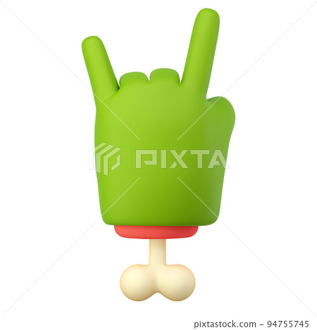 3d zombie hand in plastic cartoon style. Rock fingers gesture. Green monster Halloween character palm with bone. High quality isolated render 3d zombie hand in plastic cartoon style. Rock fingers gesture. Green monster Halloween character palm with bone. High quality isolated render 94755745
