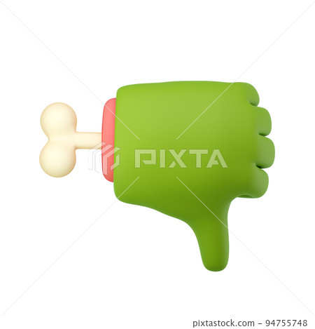 3d zombie hand in plastic cartoon style. Thumb down fingers gesture. Green monster Halloween character palm with bone. High quality isolated render 3d zombie hand in plastic cartoon style. Thumb down fingers gesture. Green monster Halloween character palm with bone. High quality isolated render 94755748