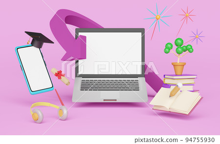 computer laptop with book pile and graduation hat in pink background ,smartphone with blank white screen ,achieve goals and success concept ,3d rendering 94755930