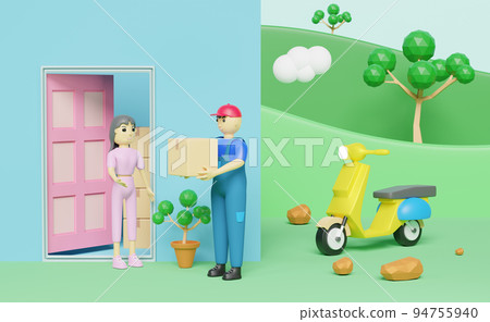 Courier man and cargo box with receiver and yellow scooter at countryside in blue composition ,Fast delivery service business concept ,3d illustration or 3d render Courier man and cargo box with receiver and yellow scooter at countryside in blue composition ,Fast delivery service business concept ,3d illustration or 3d render 94755940