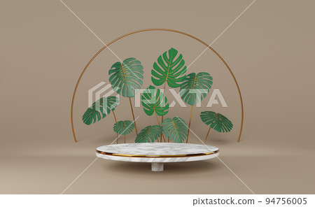 podium marble empty with leaf monstera in brown composition for modern stage display ,abstract showcase background ,Concept 3d illustration or 3d rendering 94756005