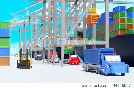 Cargo ship and industrial port with tractor and trailer or semi truck ,shipping container ,logistic import export concept ,3d illustration or 3d rendering 94756007