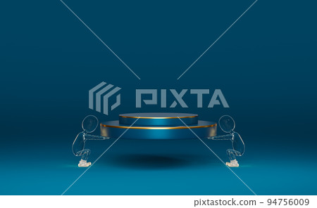 podium empty with glass doll in blue composition for modern stage display and minimalist mockup ,abstract showcase background ,Concept 3d illustration or 3d render 94756009