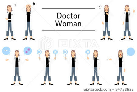 Pose set of a female doctor in a white coat, doubts, troubles, pointing, injections, etc. 94758682