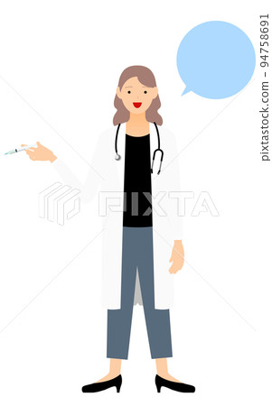 一位身穿白大褂的女醫生拿著注射器・接種姿勢（帶氣球） 94758691