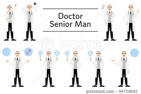 擺出一組身穿白大褂的高級男醫生，疑惑、煩惱、指點、注射等。 94758692