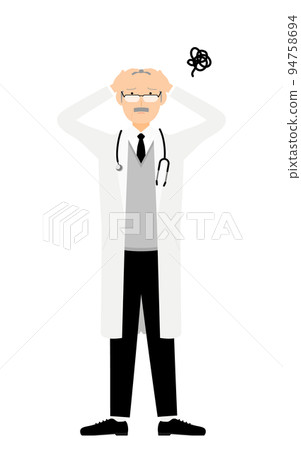 A senior male doctor in a white coat holds his head and poses in trouble A senior male doctor in a white coat holds his head and poses in trouble 94758694