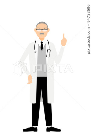 A senior male doctor in a white coat raises his index finger and poses for pointing A senior male doctor in a white coat raises his index finger and poses for pointing 94758696