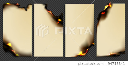 Burn paper with fire, isolated burning cards set Burn paper with fire, isolated burning cards set 94758841