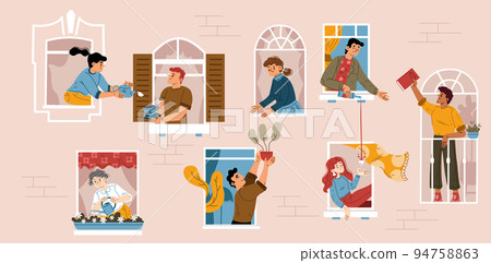 Neighborhood community with people in windows 94758863