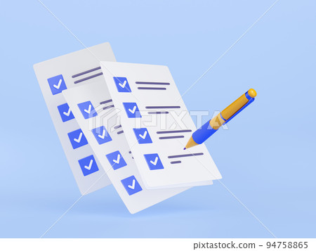 3D illustration of pen putting blue ticks on paper 94758865