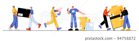 Moving service workers carrying boxes set 94758872