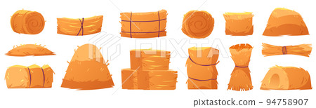 Hay stacks, dry yellow grass and straw bales set 94758907