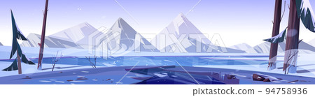 Winter forest nature landscape with frozen pond Winter forest nature landscape with frozen pond 94758936