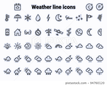 Set of black vector icons, isolated against white background. Flat illustration on a theme weather symbols and signs. Line, outline, stroke Set of black vector icons, isolated against white background. Flat illustration on a theme weather symbols and signs. Line, outline, stroke 94760120