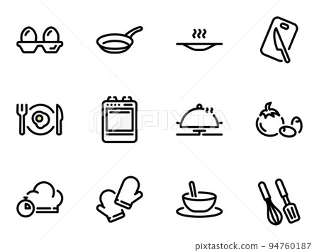 Set of black vector icons, isolated against white background. Illustration on a theme Ingredients and process for making scrambled eggs or breakfast Set of black vector icons, isolated against white background. Illustration on a theme Ingredients and process for making scrambled eggs or breakfast 94760187