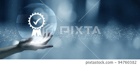 Businessman showing sign of leading service, quality assurance, warranty, standardization, ISO certification and standardization concept. 94760382