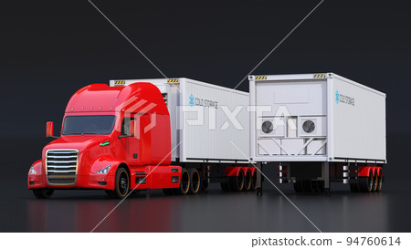 An image of an electric truck connected to a red reefer container on a black background. cold chain concept. An image of an electric truck connected to a red reefer container on a black background. cold chain concept. 94760614