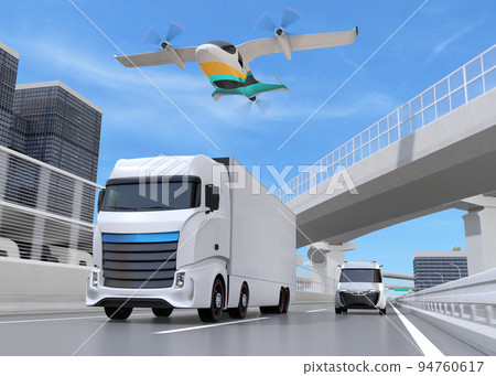 Images of eVTOL drones, trucks and delivery vans. speed delivery concept 94760617