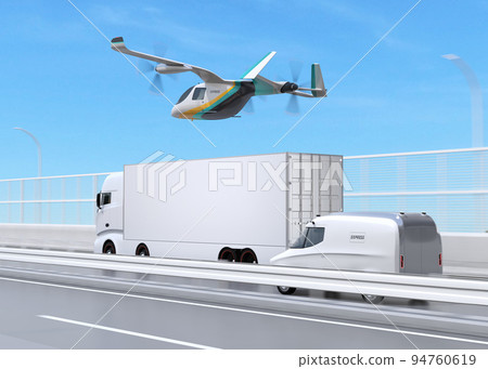 eVTOL 無人機、卡車和送貨車的圖像。速度交付概念 94760619