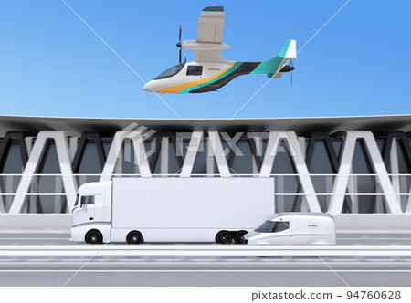 Images of eVTOL drones, trucks and delivery vans. speed delivery concept 94760628