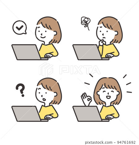 Illustration material set of a woman who operates a personal computer 94761692
