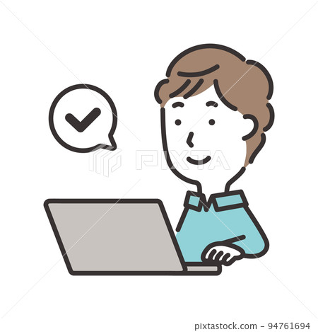 Illustration of a man operating a computer with a smile 94761694