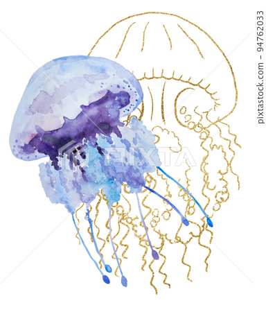 Light blue Watercolor jellyfish with golden outlines, isolated element for nautical sea wedding Illustration 94762033